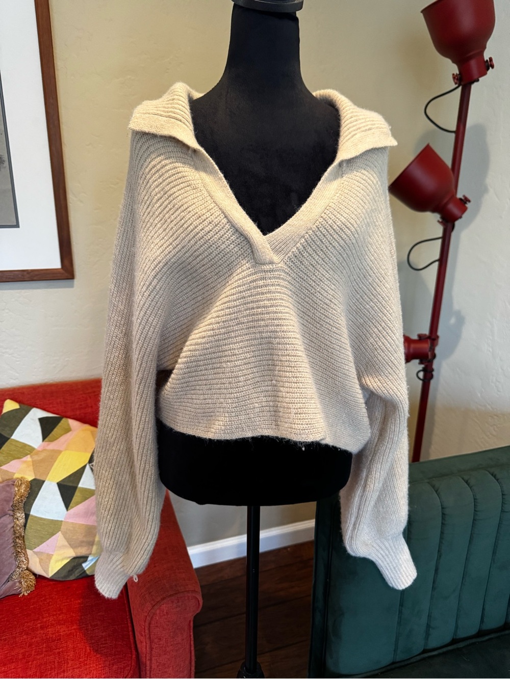 Princess Polly Cream Ribbed V-Neck Cropped Sweater